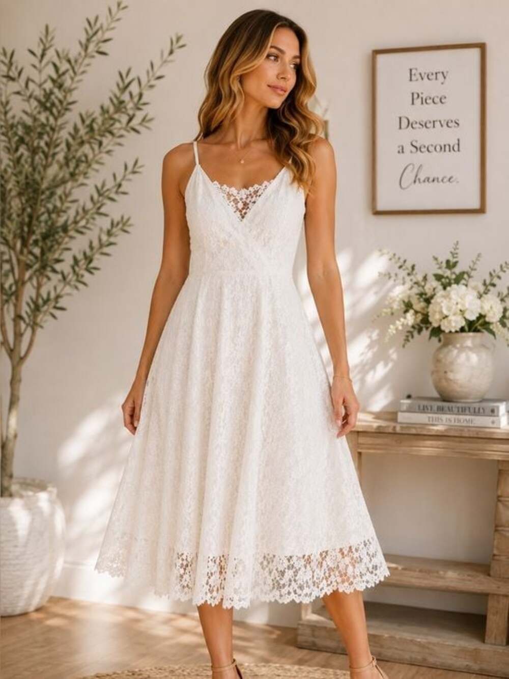 En Focus Studio Women’s Size 4 Ivory White Lace Midi Dress Spaghetti Strap